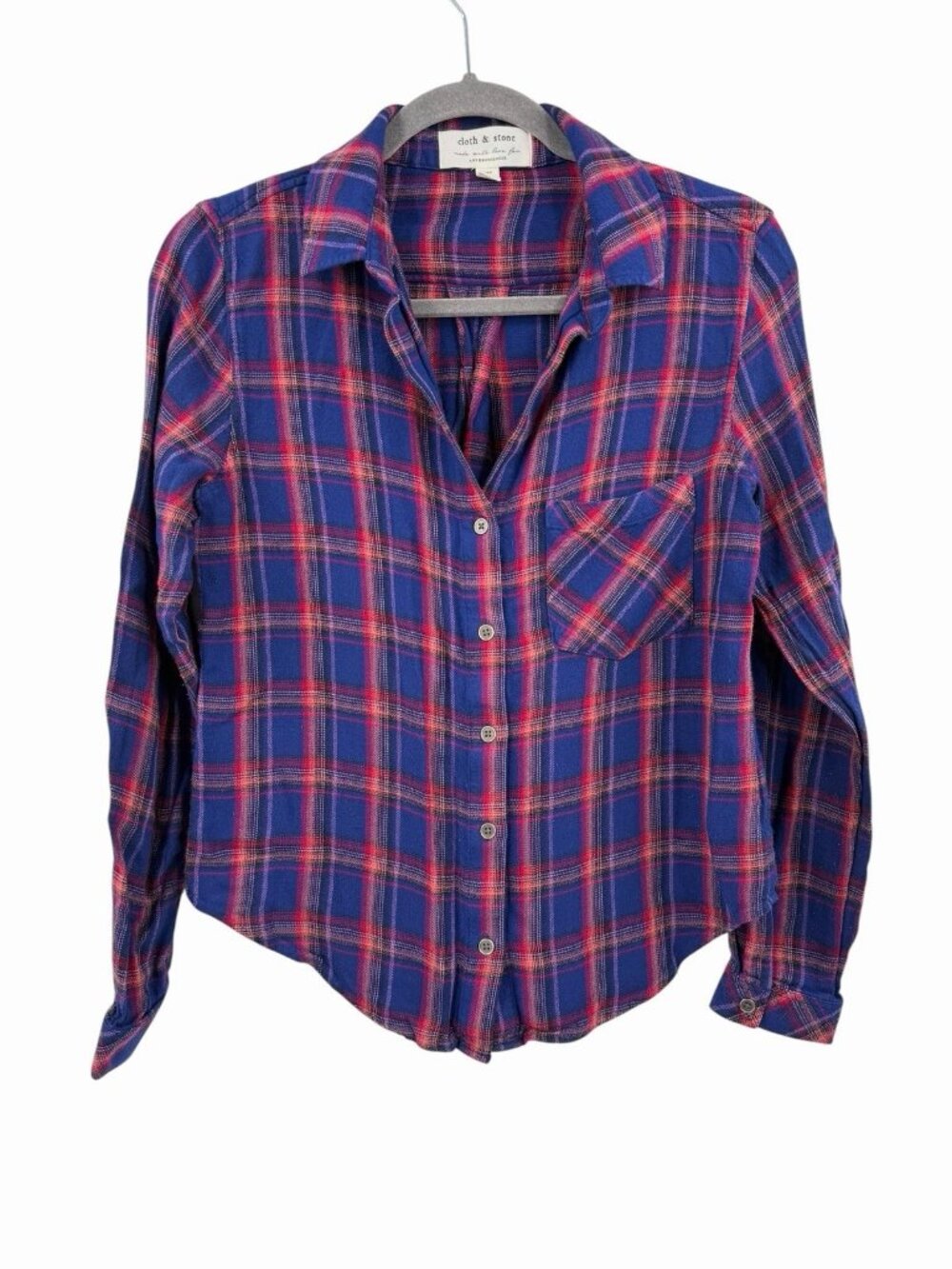 CLOTH & STONE Women's Blue Burgundy Plaid Collared V-Neck Button Down Blouse SM